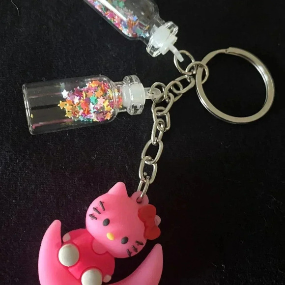 Girls Women Cute Pink Kitty KeyChain with Twin Mini Glass Color Confetti Vials - Picture 2 of 6